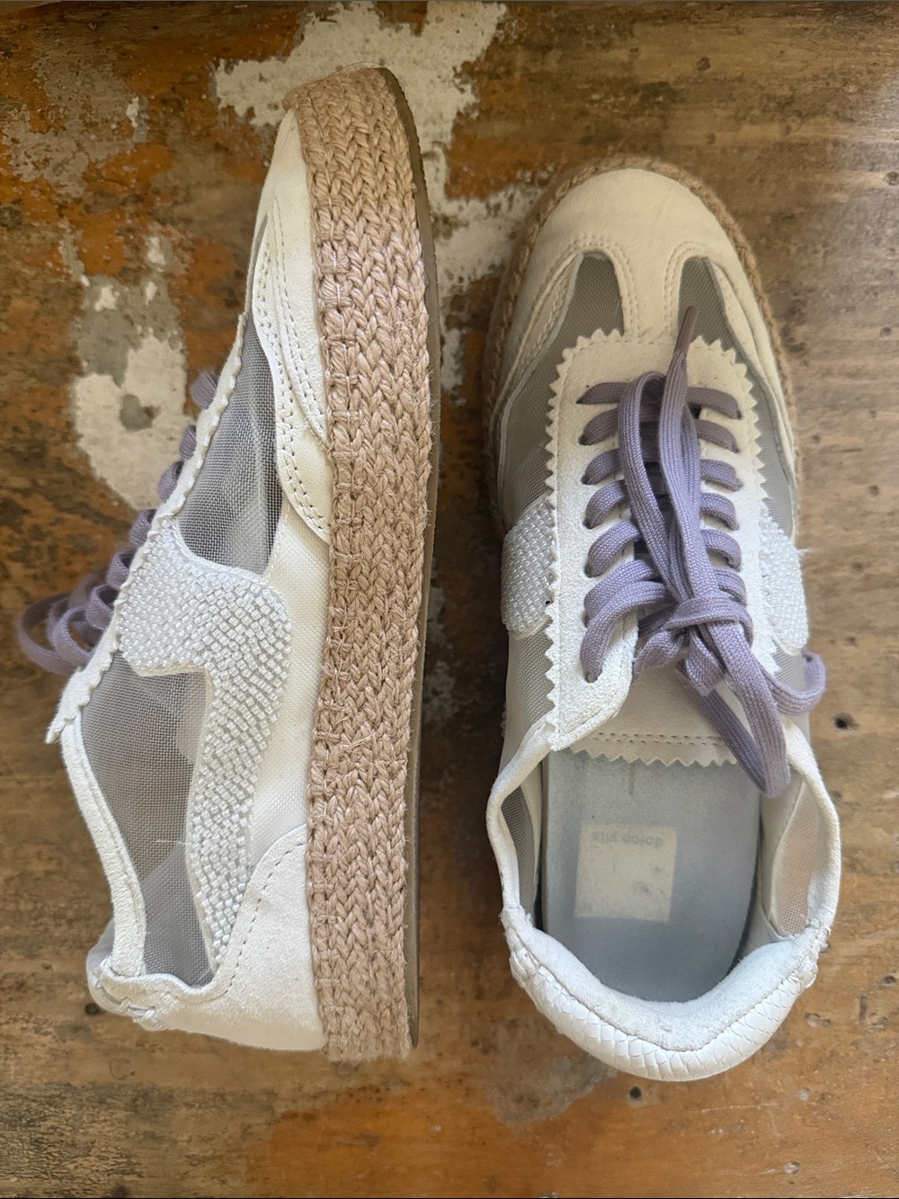Womens Cream Beaded Mesh Sneakers with Lavender Laces